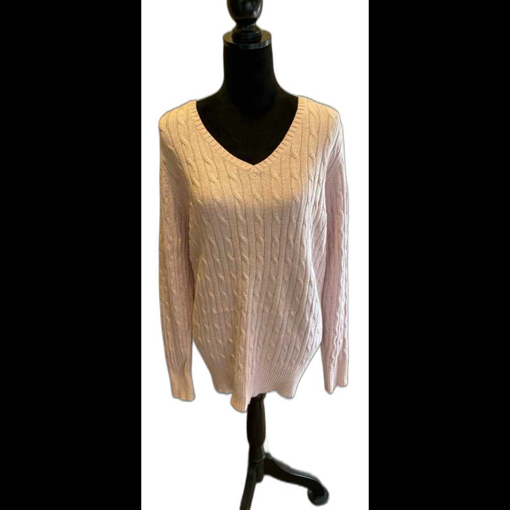 St John’s Bay Sweater Cable‎ Knit V Neck Pale Pink Silver Thread Plus Size 2X